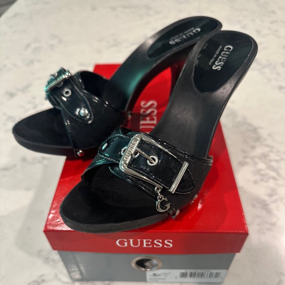 Guess Heeled Sandals, black multi fabric, GFBindee, sz 7.5M